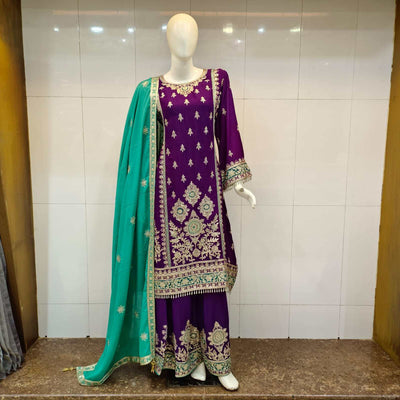 Long kameez flair Plazzo with fine embroidery on chiffon fabric, complemented by a contrast dupatta, ideal for weddings and festive occasions.