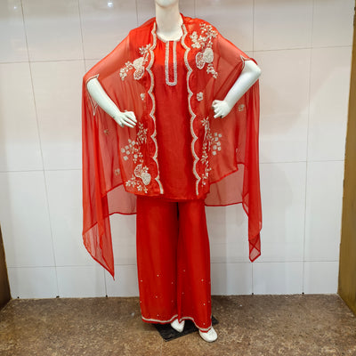 burnt orange short kameez with handwork cape dupatta