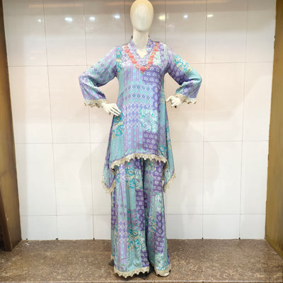 crepe printed Short kameez sharara coord set