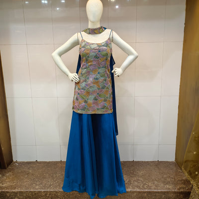 Speghetti short kurta sharara delicate embroidery n gold sequence