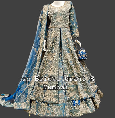 peacock blue Walima nikah handwork indo western gown