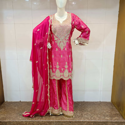 rasberry Pink bandini print with embroidered kurta with Sharara n matching chiffon dupatta 