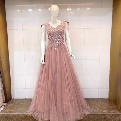 rose Pink evening gown with beaded top 
