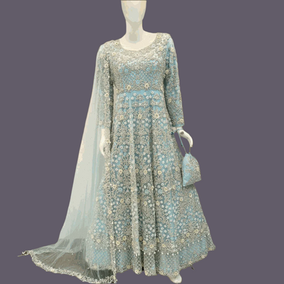 Indian wedding gown with intricate hand embroidery and matching purse.