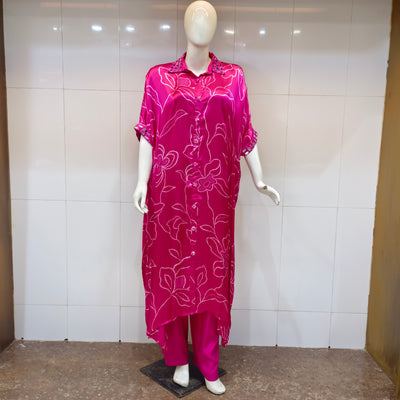 a pink floral kaftan with mirror work collar 