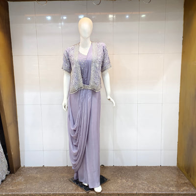 dusty lavender pre drape saree with a matching jacket having heavy handwork