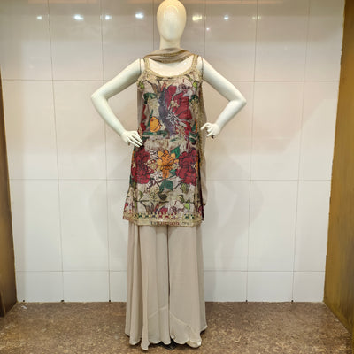 floral top and beige gharara
