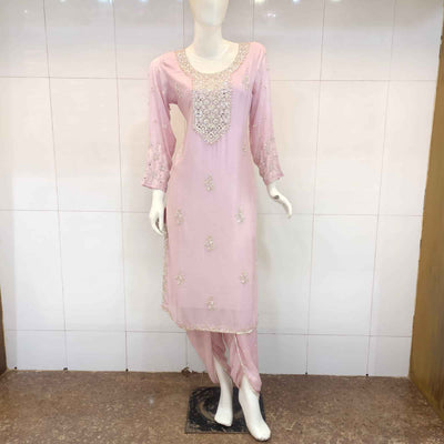 Long kameez with tulip pants, ideal for festive season, featuring delicate handwork in pure chiffon fabric.